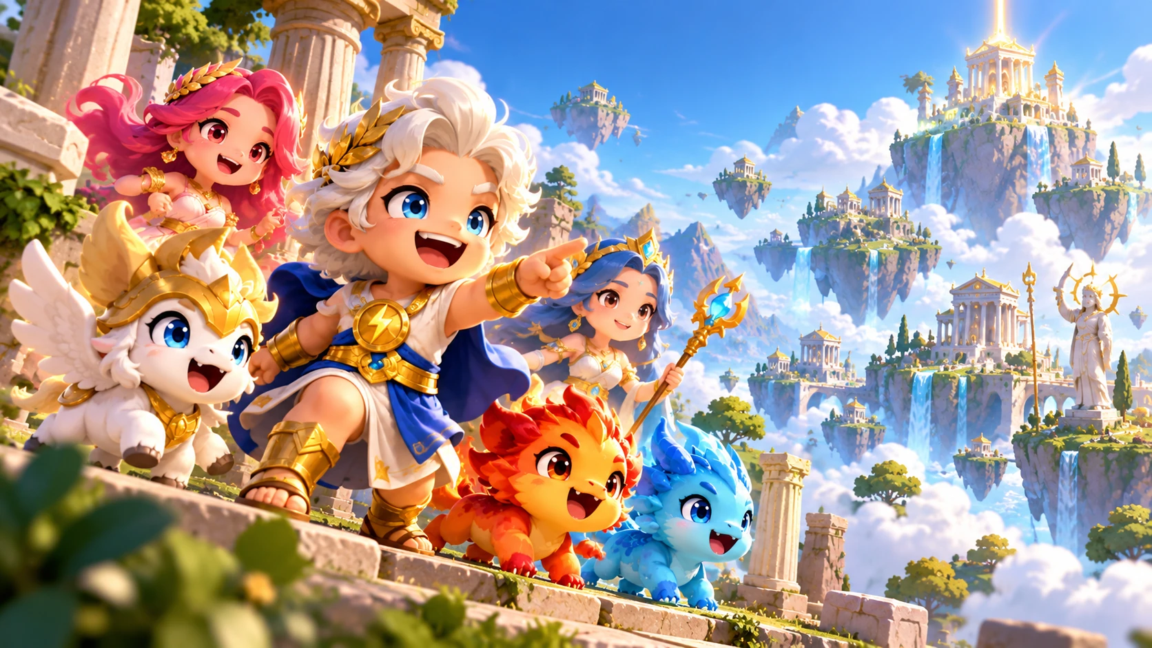 The gods of Oh My Gods! setting out from their sky temple